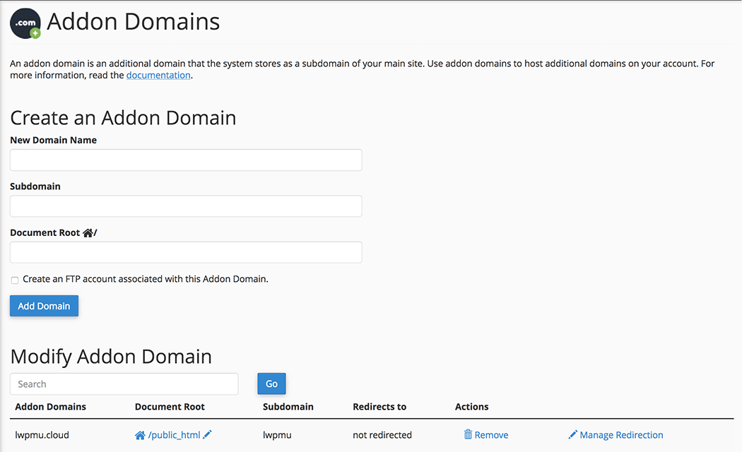 cPanel Add On Domain