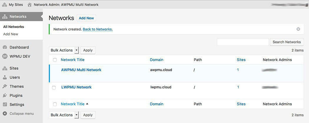 seting up two networks wordpress multi network